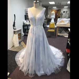 Purple, blue, and pink tulle wedding dress with 3D lace detailing